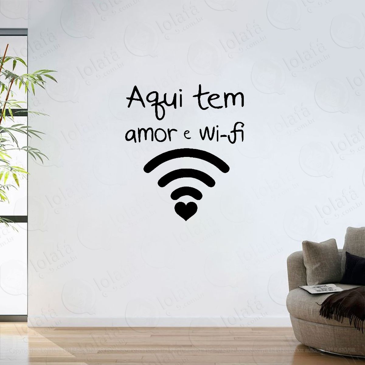 adesivo parede sala frase aqui tem amor e wi-fi mod:6248