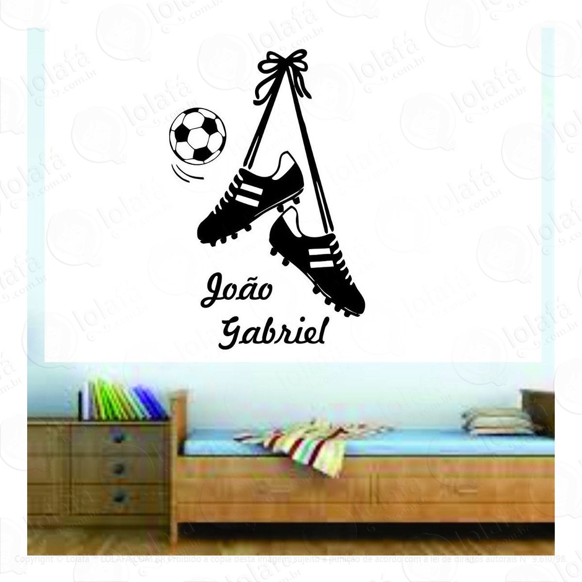 adesivo parede quarto infantil futebol bola chuteira + nome mod:650