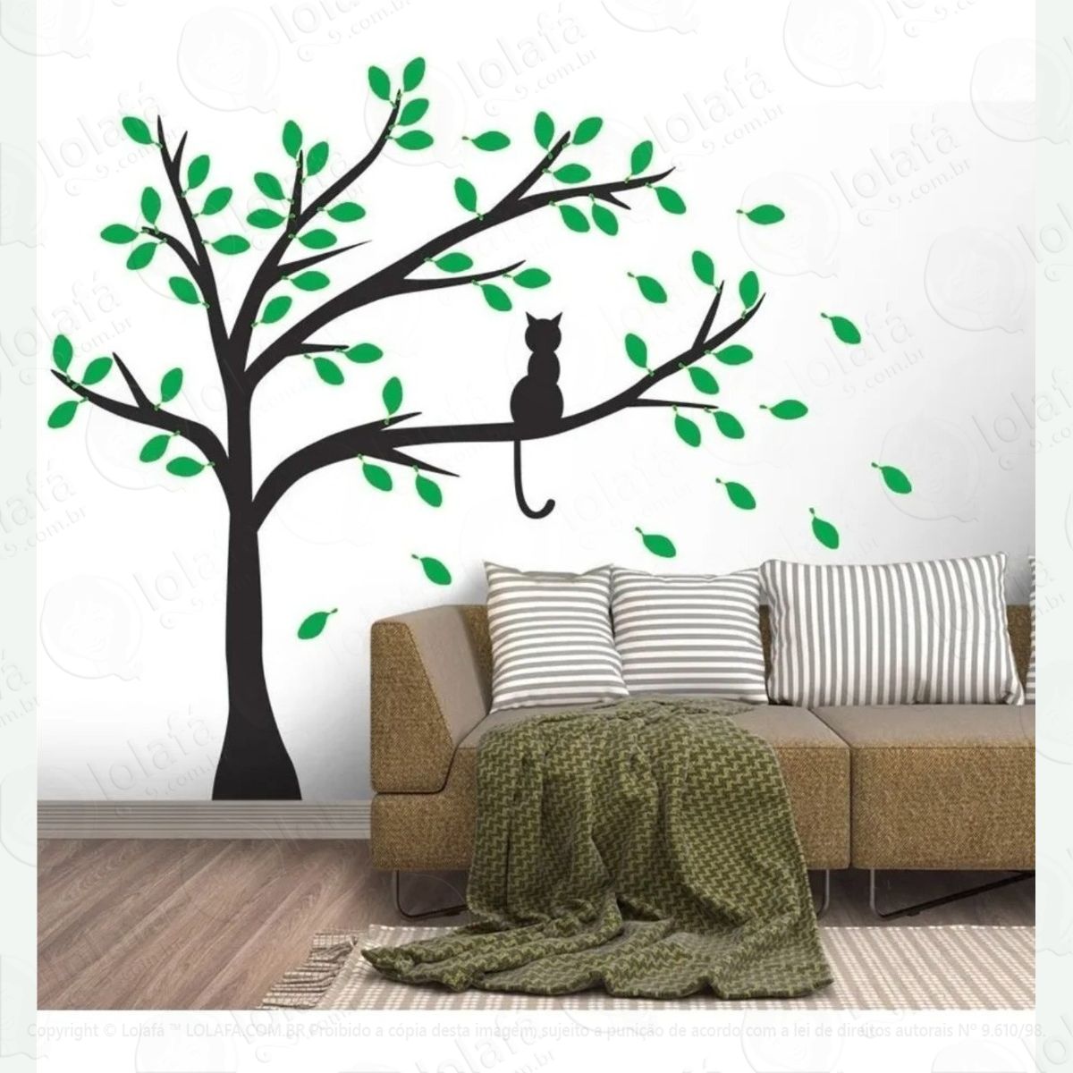 adesivo decorativo parede Árvore com gatinho e folhas verdes mod:729