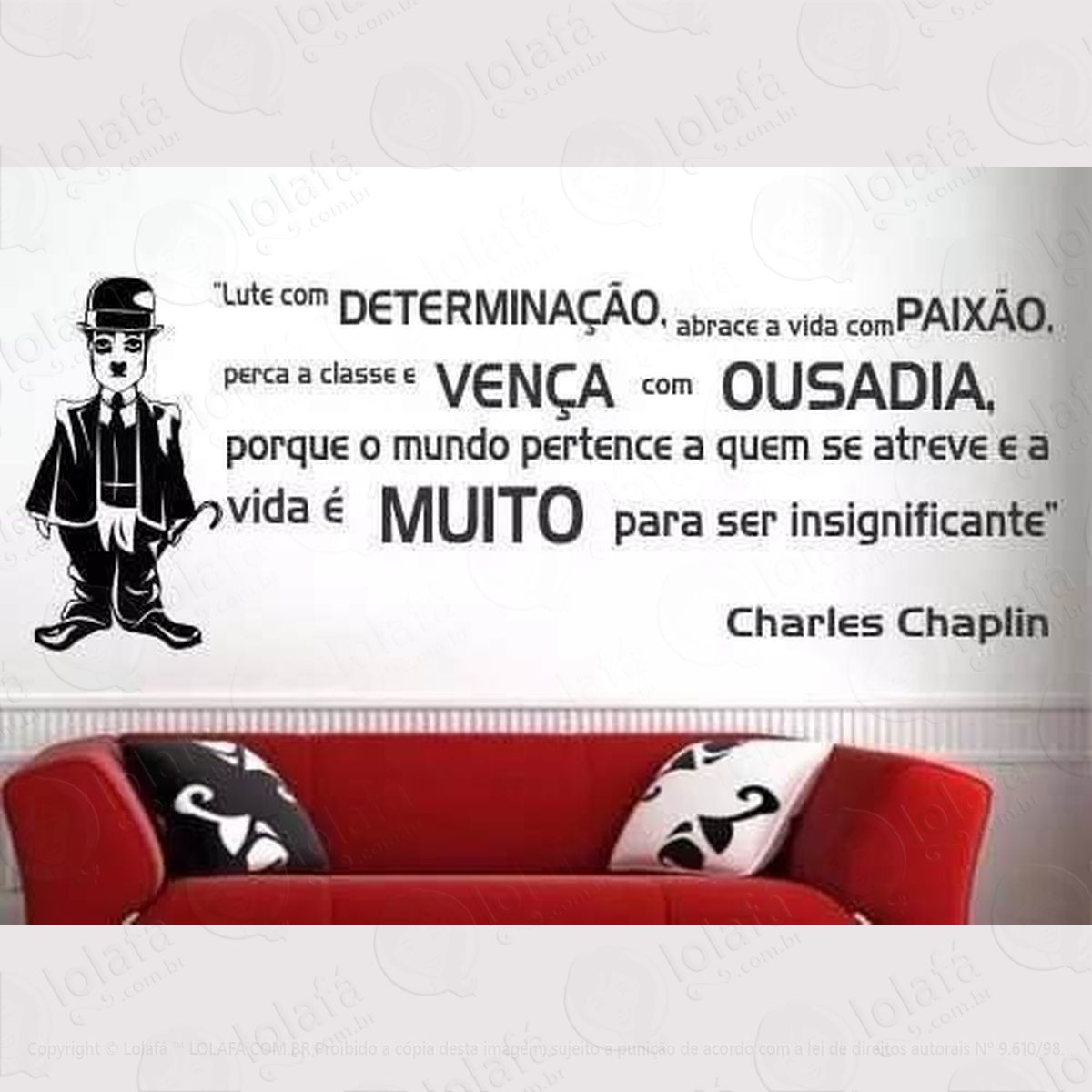 adesivo decorativo papel de parede frase chaplin - lute viva mod:859