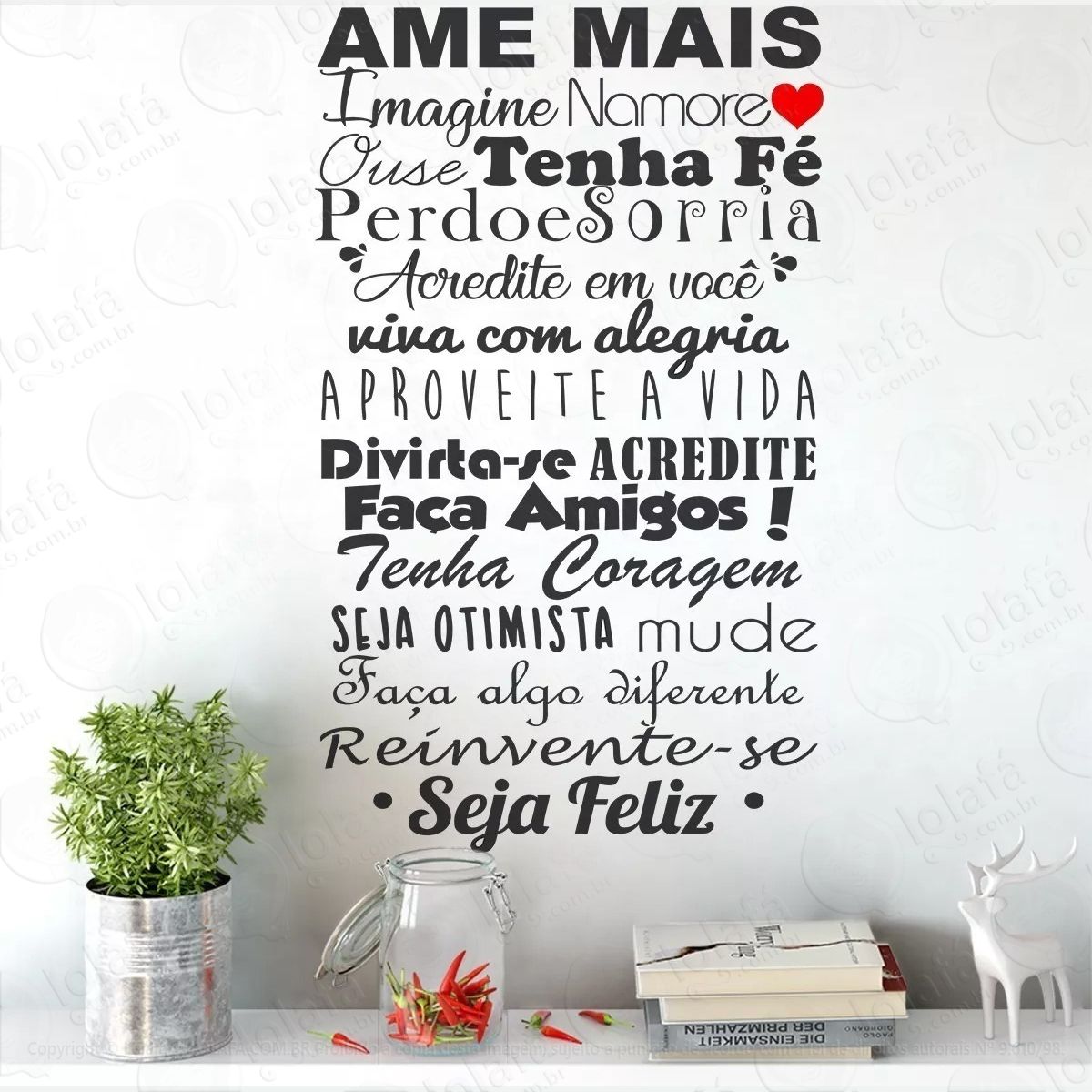 adesivo parede frases amor ame mais tenha fé sorria mod:1032