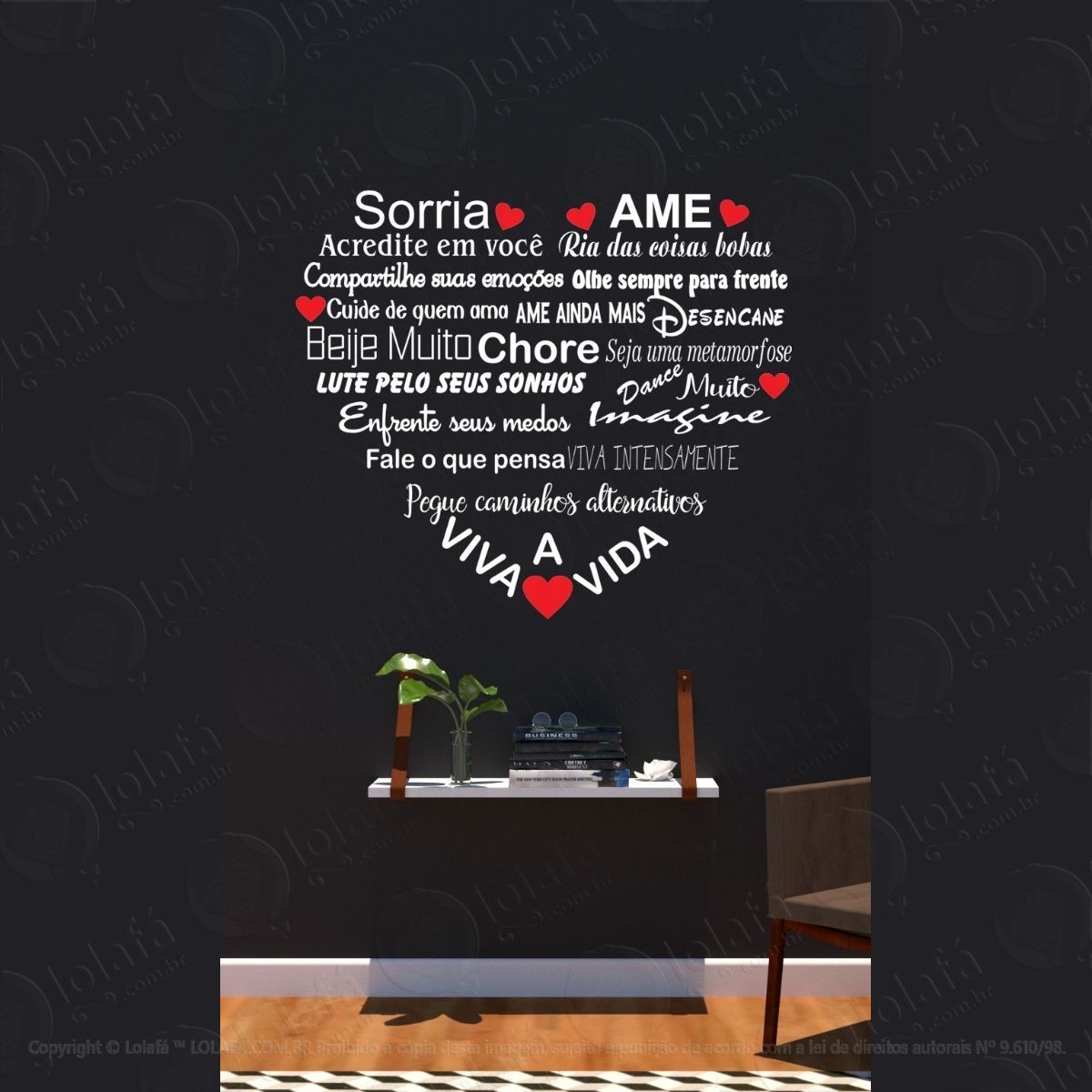 adesivo decorativo parede frases em coração + brinde mod:1557