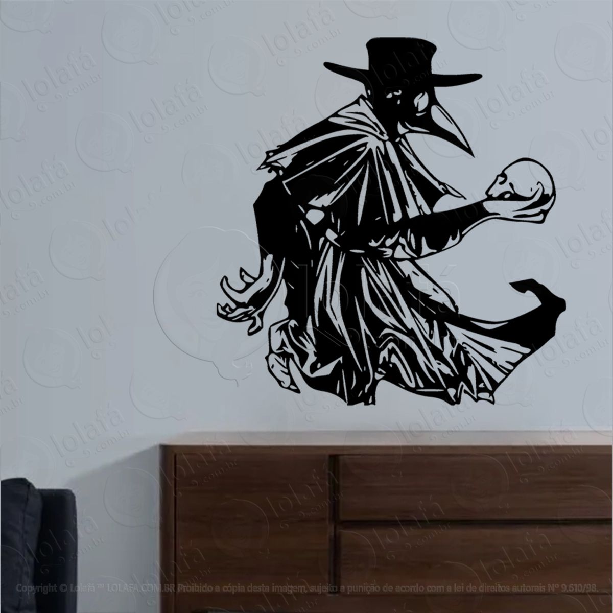 crânio do doutor da peste plague doctor skull adesivo de parede decorativo para casa, sala, quarto, vidro e altar ocultista - mod:100