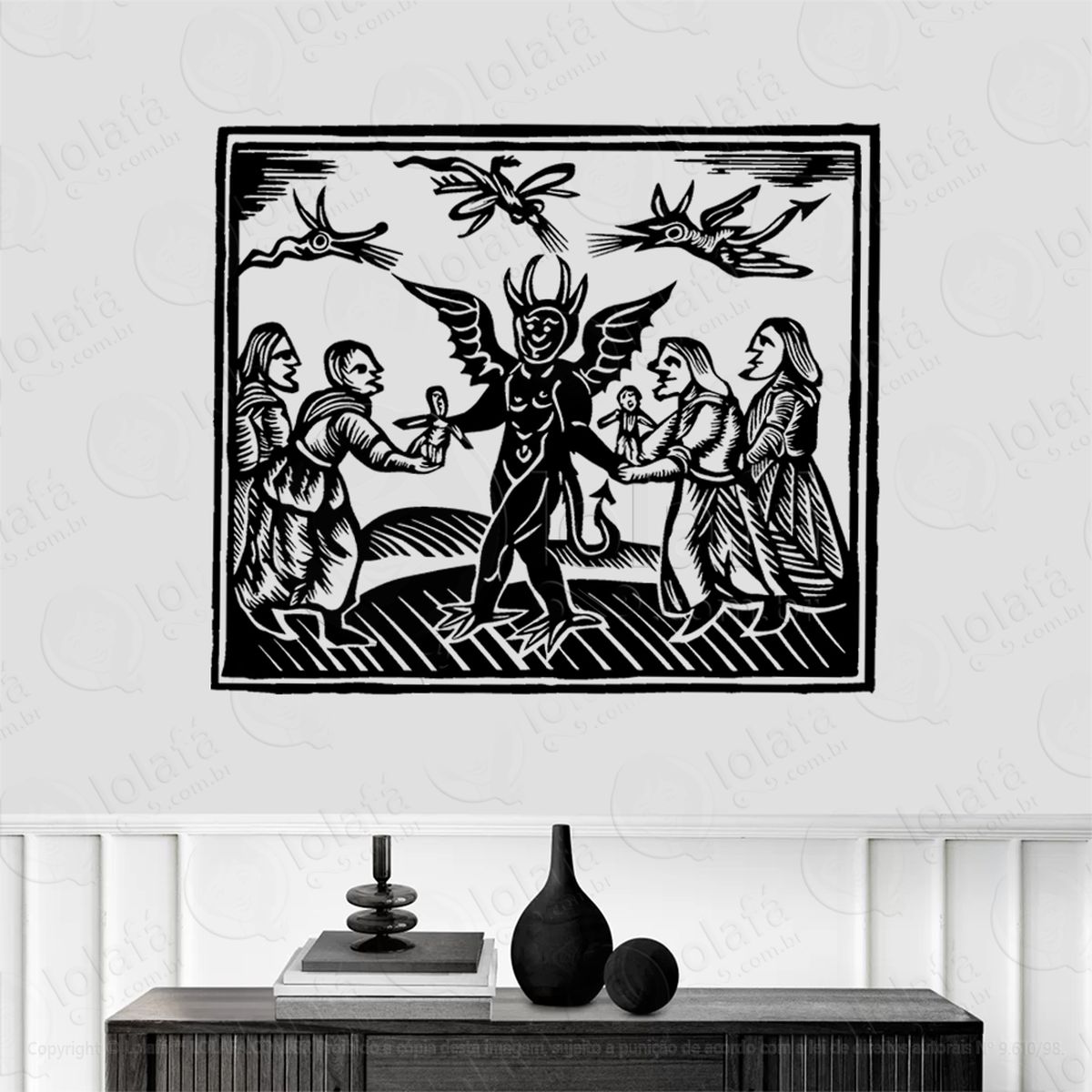 xilogravura de satanás satan woodcut adesivo de parede decorativo para casa, sala, quarto, vidro e altar ocultista - mod:105