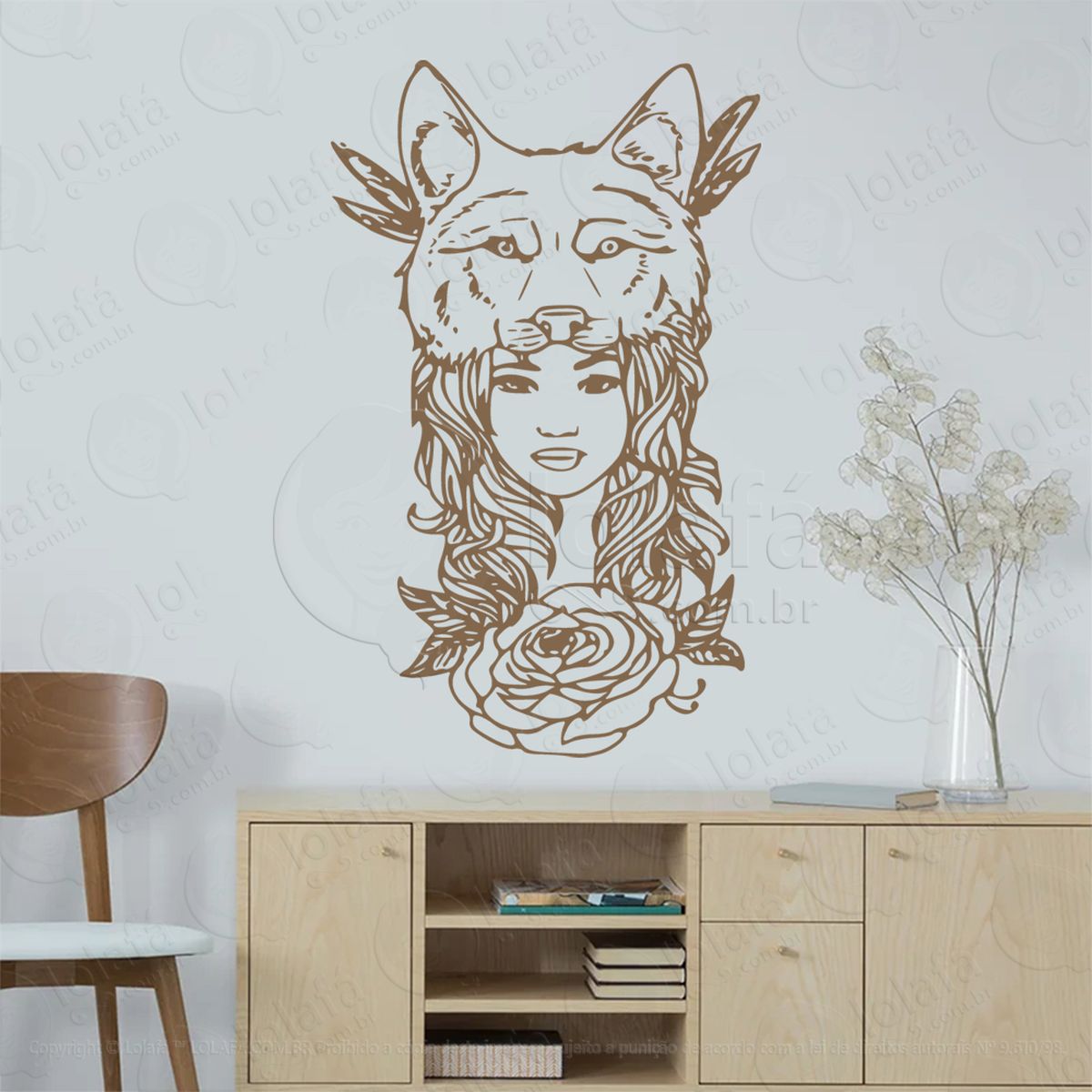 mulher lobo e rosa wolf woman rose adesivo de parede decorativo para casa, sala, quarto, vidro e altar ocultista - mod:141