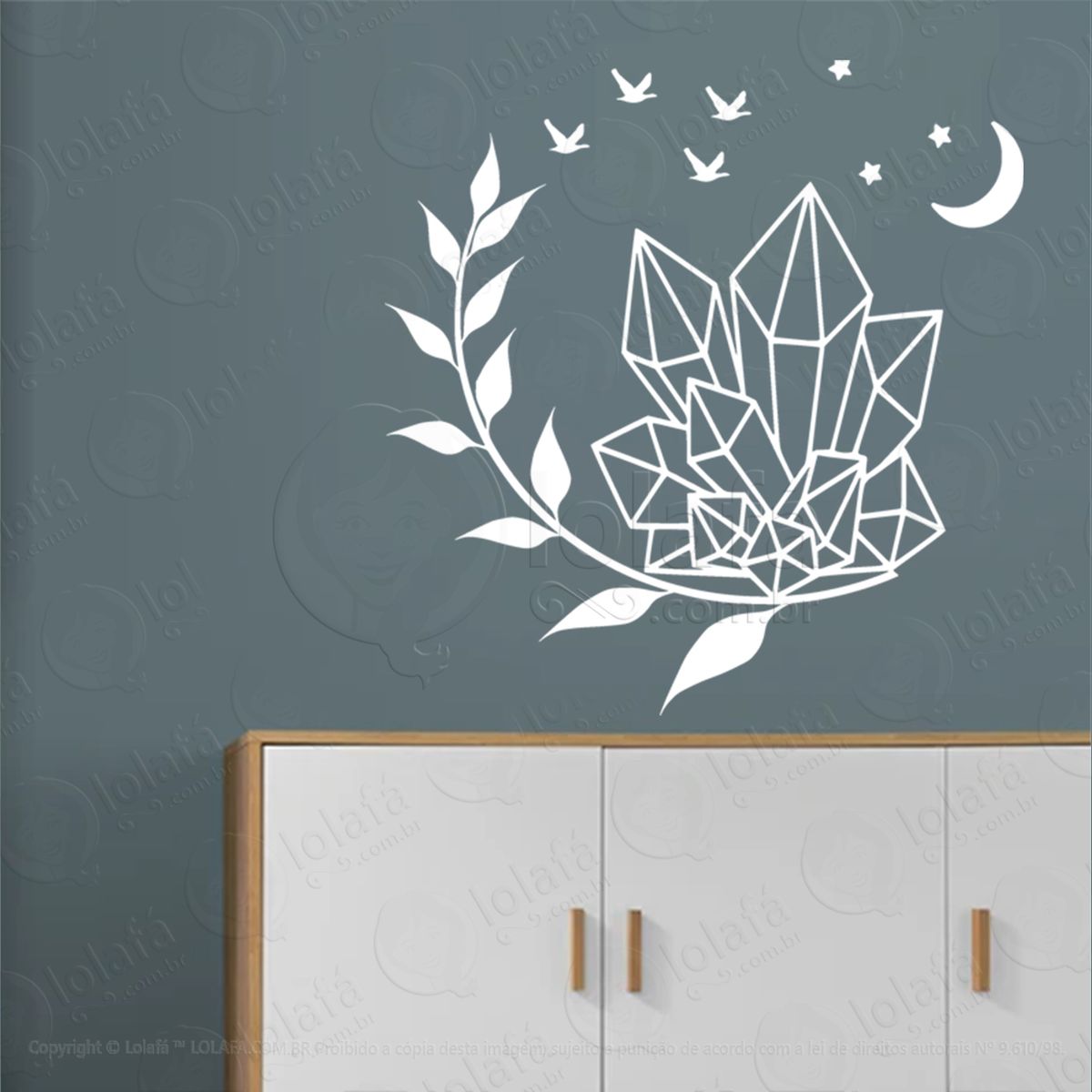 cristais e lua crystals and moon adesivo de parede decorativo para casa, sala, quarto, vidro e altar ocultista - mod:165