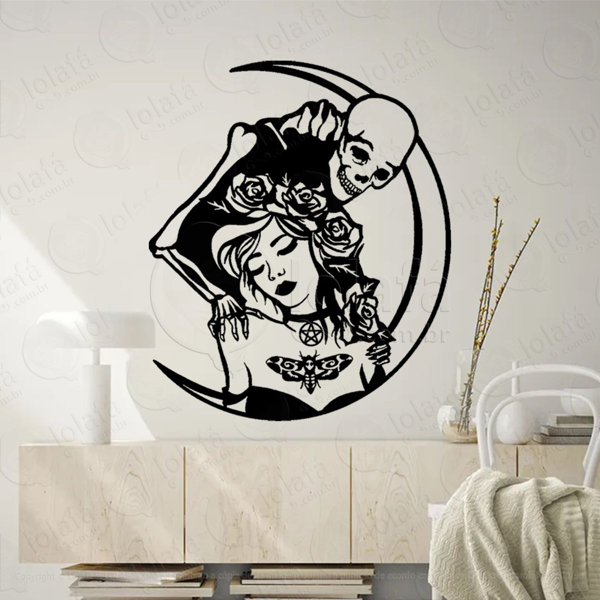 mulher borboleta com caveira amo bruxa adesivo de parede decorativo para casa, sala, quarto, vidro e altar ocultista - mod:300