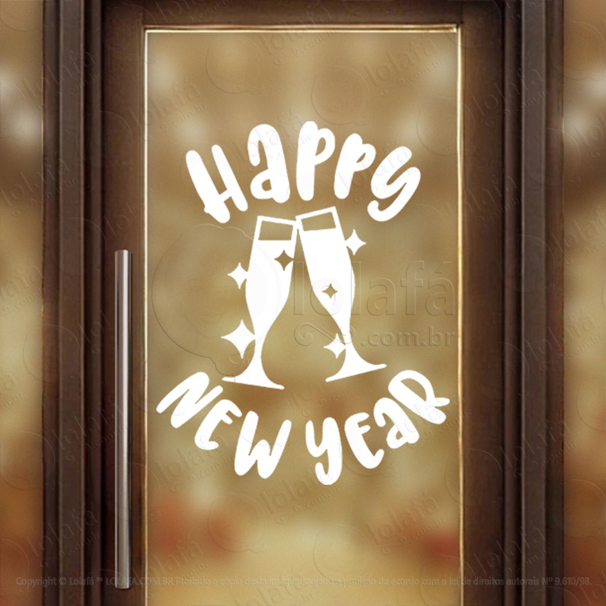 frase happy new year e taças adesivo de natal para vitrine, parede, porta - fácil remoção mod:390