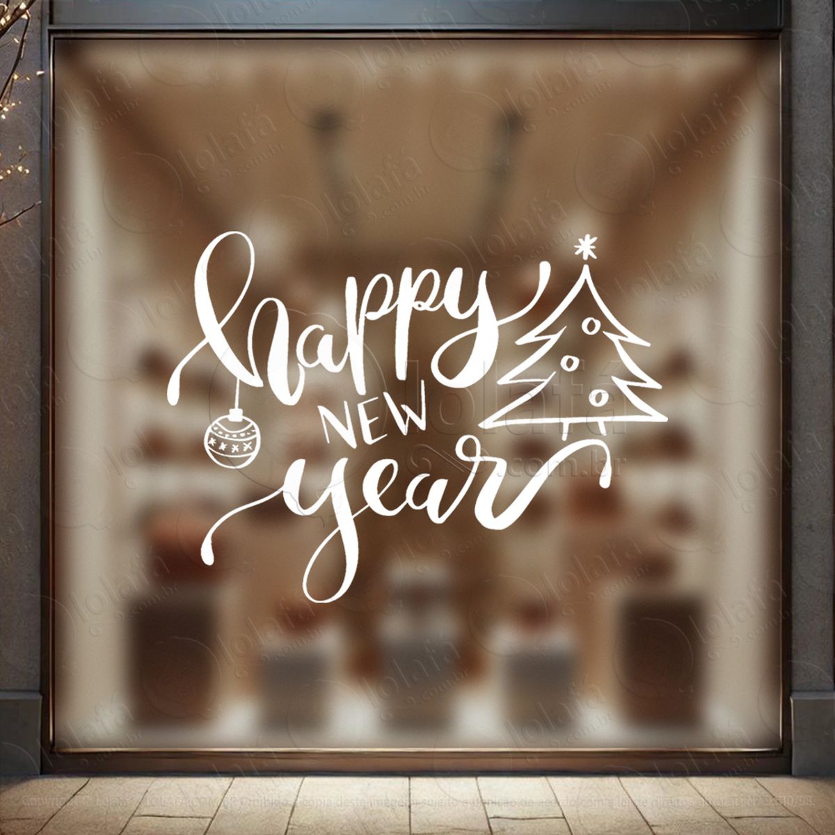 frase happy new year e Árvore adesivo de natal para vitrine, parede, porta - fácil remoção mod:398