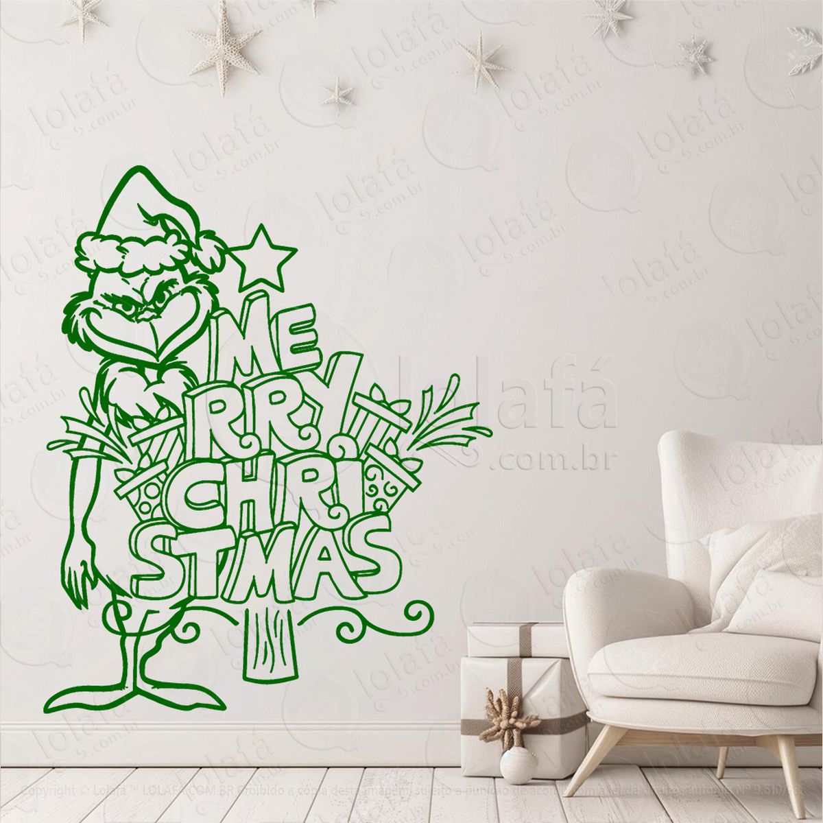 grinch e frase merry christmas adesivo de natal para vitrine, parede, porta - fácil remoção mod:516