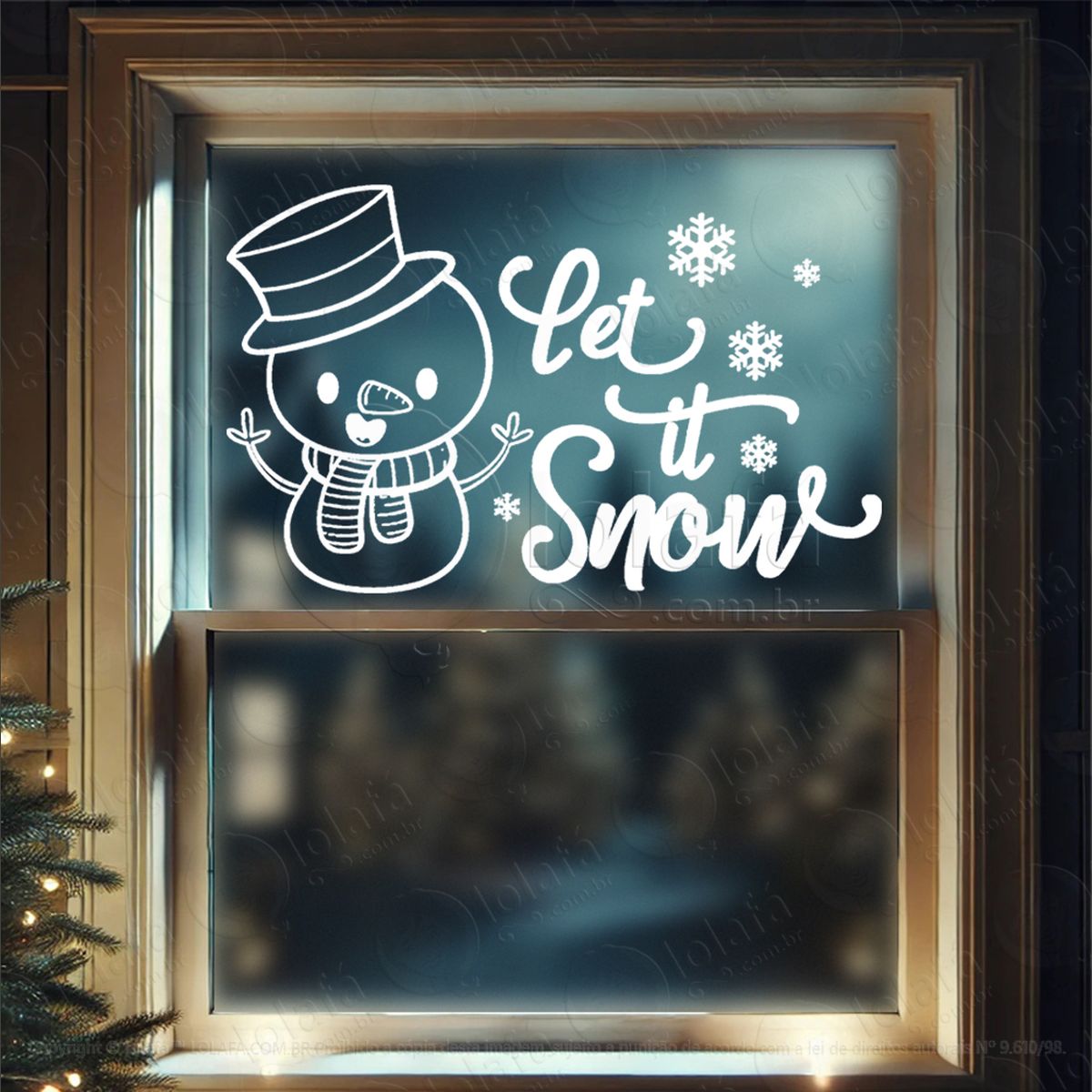 boneco de neve e frase let it snow adesivo de natal para vitrine, parede, porta - fácil remoção mod:671