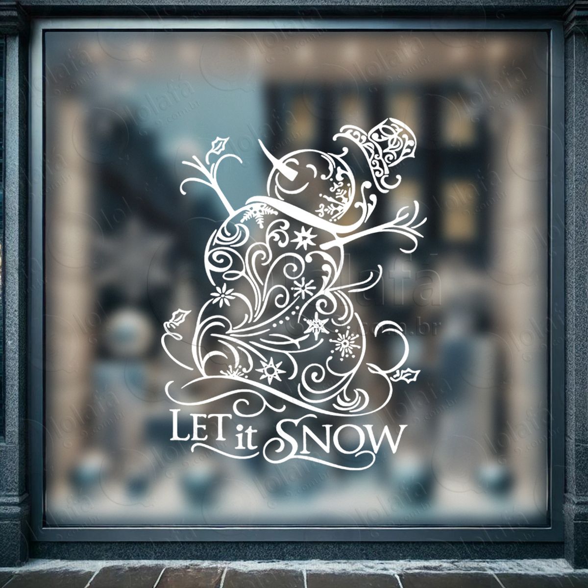 boneco de neve e frase let it snow adesivo de natal para vitrine, parede, porta - fácil remoção mod:673