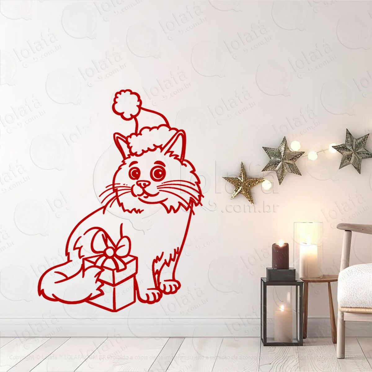 gato pet com gorro de natal adesivo de natal para vitrine, parede, porta - fácil remoção mod:777