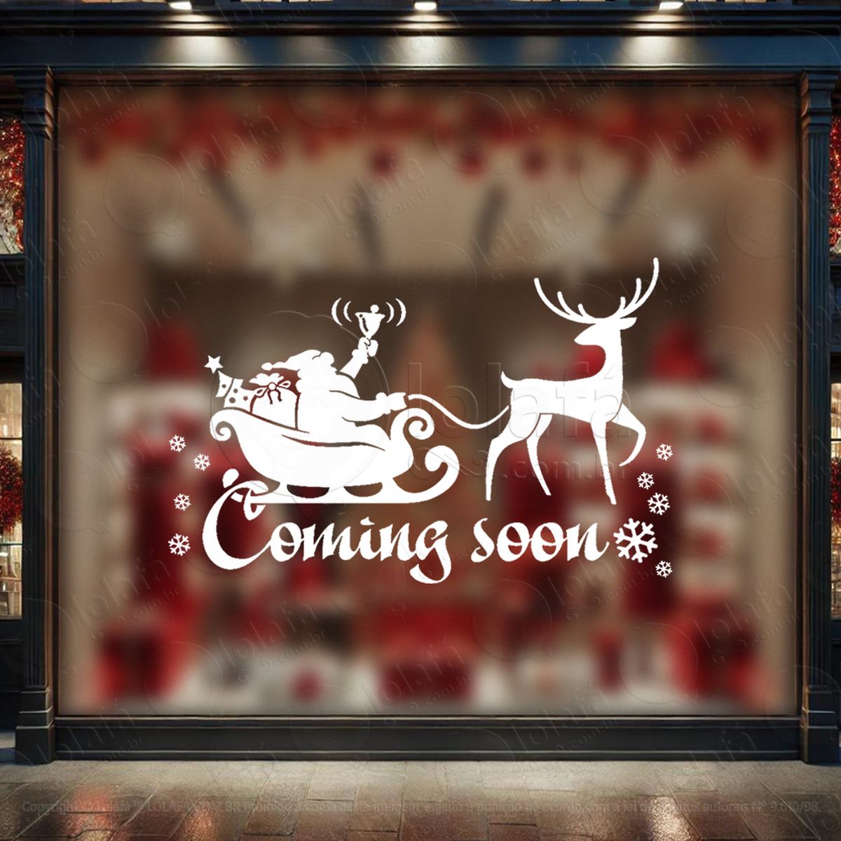 trenó do noel e frase coming soon adesivo de natal para vitrine, parede, porta - fácil remoção mod:826