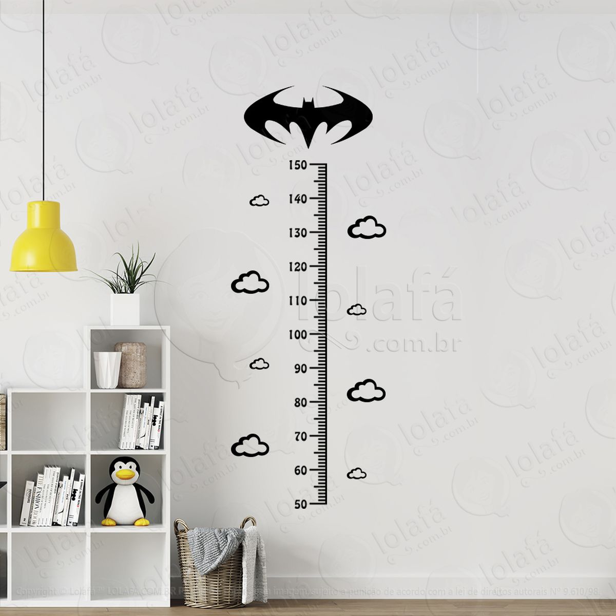 batman e nuvens adesivo régua de crescimento infantil, medidor de altura para quarto, porta e parede - mod:129